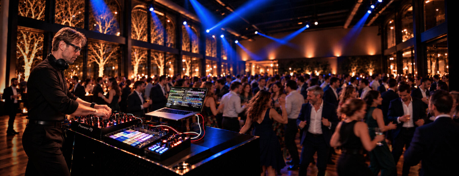 Alex Turr aux platines au Pavillon Gabriel à Paris, devant une piste de danse animée.